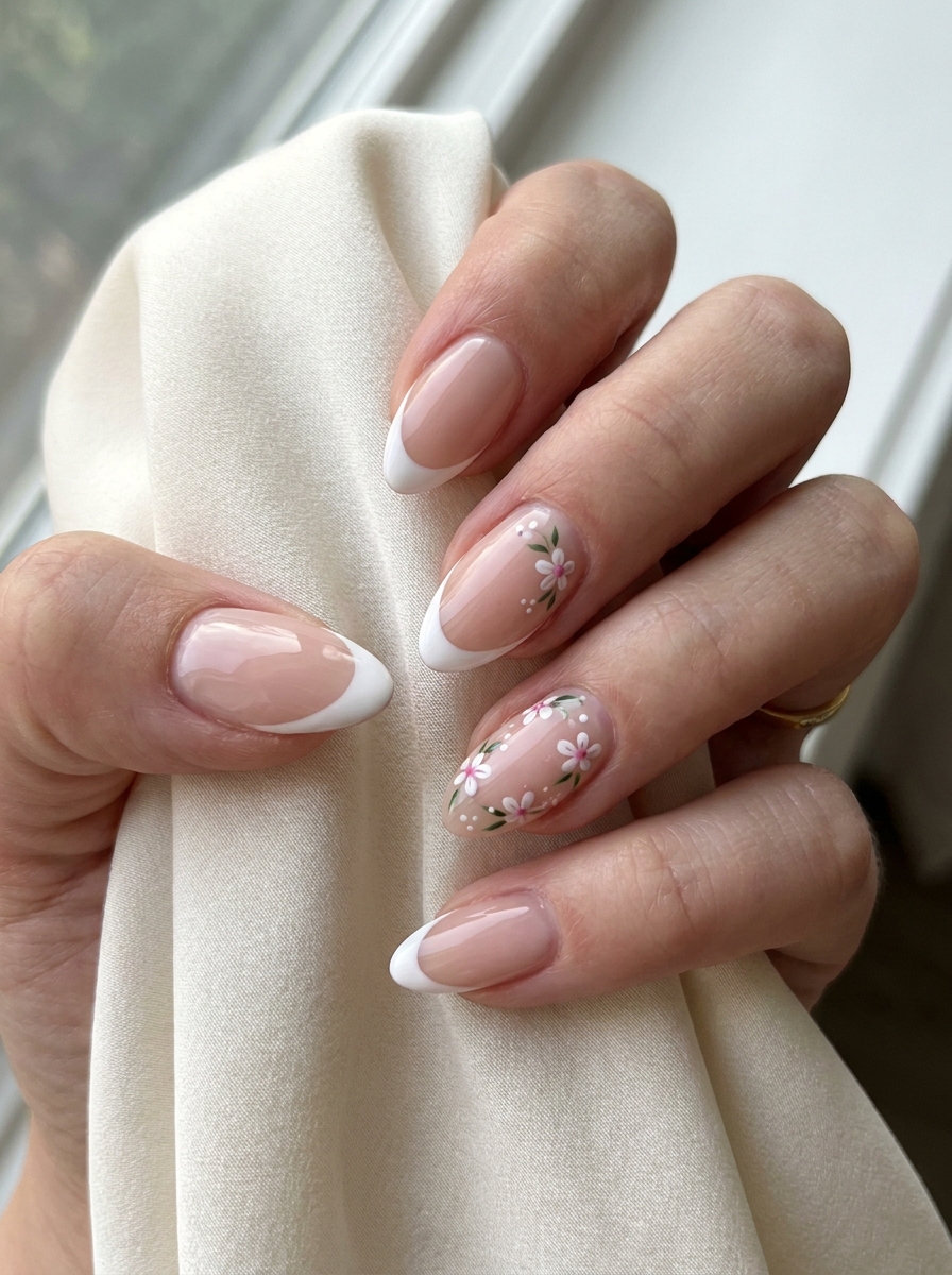 French Nails mit Blumen und feinen floralen Akzenten
